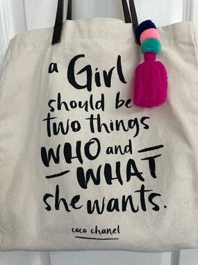 Canvas Quote Tote Bag with Pink Tassel